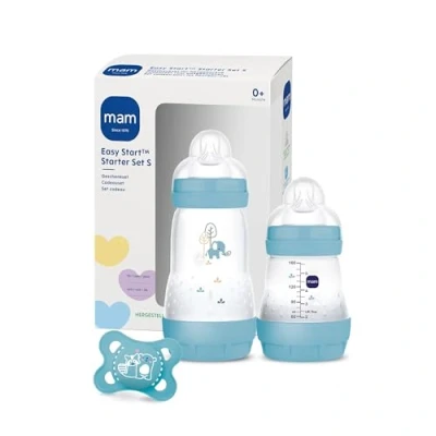 Abbildung von MAM Easy Start Anti Colic Starter Set S, Baby Erstausstattung mit 2 Flaschen (160 ml &amp; 260 ml) inkl. Sauger Größe 1 und Schnuller, Geschenk Set, ab der Geburt, blau