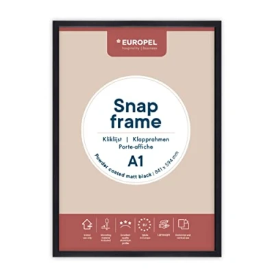 Abbildung von Europel leichte Klapprahmen DIN A1 mattschwarz pulverbeschichtet, Easy Click System, Profil 25x11 mm, eloxierte Aluminium und blendfreie Schutzfolie, Außenmaß 625x872 grau Polystyrol Rückseite