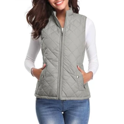 Abbildung von fuinloth Damen Weste, Leichte Steppweste Westen mit Reißverschluss Stehkragen Ärmellos Jacke Grau XL