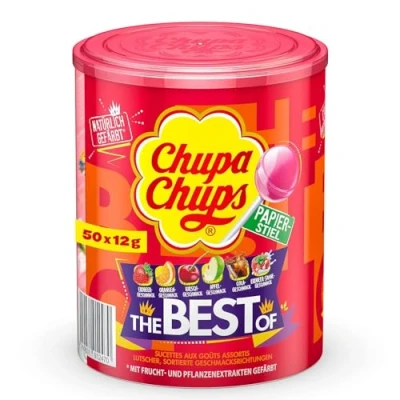 Abbildung von Chupa Chups Best of Lutscher Dose, enthält 50 Lollis in 7 Geschmacksrichtungen Cola, Apfel, Erdbeere und weitere, Aufbewahrungs für Halloween, x 12g