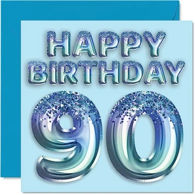 Abbildung von Geburtstagskarte zum 90. Geburtstag für Männer Blauer Glitzer Partyballon Happy Birthday Karten 90 Jahre alten Mann, Großvater, Vater, Oma, 145 mm x mm,