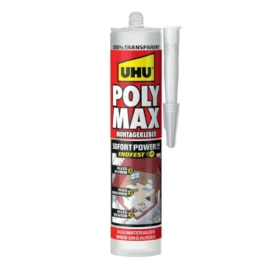 Abbildung von UHU POLY MAX Montagekleber 10 SEK SOFORT POWER Kartusche, Universeller, glasklarer und Dichtungsmasse mit hoher Anfangshaftung schnellem Festigkeitszuwachs, transparent 300g.