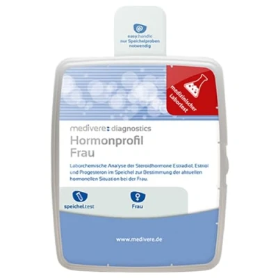 Abbildung von medivere Hormonprofil Frau Speicheltest Laborchemische Analyse der Steroidhormone Estradiol, Estriol und Progesteron im Speichel zur Bestimmung aktuellen hormonellen Situation bei
