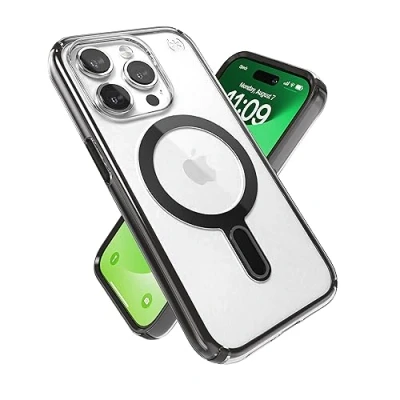 Abbildung von Speck Klare iPhone 15 Pro Hülle ClickLock rutschfeste Interlock, gebaut für MagSafe, Fallschutz Kratzfest, vergilbungsfrei, 6,1 Zoll Presidio Clear/Frosted Black