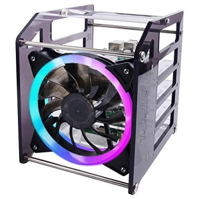 Abbildung von GeeekPi Raspberry Pi Cluster Gehäuse, Rack Gehäuse Stapelbares mit Lüfter 120 mm RGB LED 5V für 4B / 3B + 2B B und Jetson Nano (4 Lagen) Model