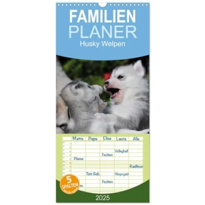 Abbildung von Familienplaner 2025 Husky Welpen mit 5 Spalten (Wandkalender, 21 cm x 45 cm), CALVENDO