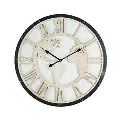 Abbildung von Rebecca Mobili Große Wanduhr, Retro Weltuhr, Schwarz Weiß Antiquarisch, Römische Zahlen Abmessungen: 50 x 5 cm (HxBxT) Art. RE6594