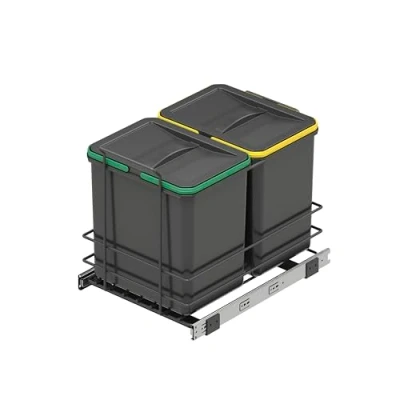 Abbildung von Emuca Recycling Behälter für die Küche, 2 x 16 L, Bodenbefestigung und Handauszug, Anthrazitgrauer Kunststoff