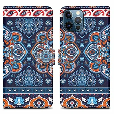 Abbildung von Cadorabo Hülle kompatibel mit Apple iPhone 13 PRO MAX Handyhülle ausim Muster Design Premium Kunst Leder Flip Klappbare Stoßfeste Magnetische [Standfunktion] Case für in Blau