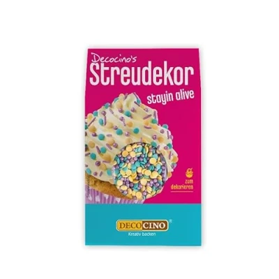 Abbildung von DECOCINO Streudekor Stayin Alive 40g Tolle Streusel in den Farben lila, türkis und gelb, Ideal für Torten, Muffins oder Kuchen, perfekt jede Party einfach mal so