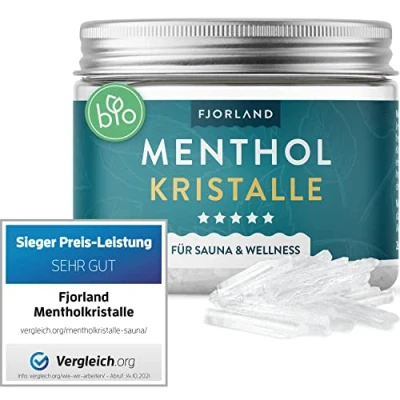 Abbildung von Fjorland Mentholkristalle 100g Premium Qualität für die Sauna Kristalle aus Menthol Saunaaufgüsse In wiederverschließbarer Dose 100% natürliche Inhaltsstoffe