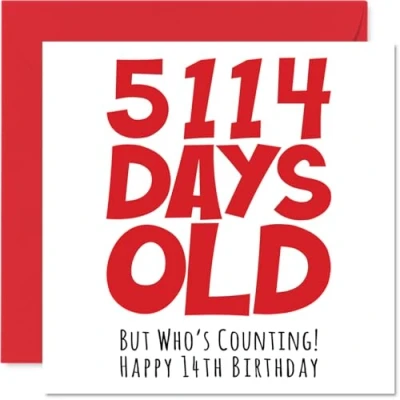 Abbildung von Geburtstagskarte zum 14. Geburtstag für Jungen und Mädchen, sie 5114 Tage alt lustige Teenager, vierzehnte Bruder, Schwester, Sohn, Tochter, Cousin, 145 mm x