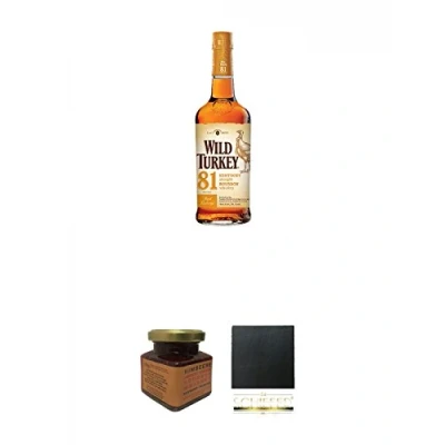 Abbildung von Wild Turkey 81 Proof Bourbon Whiskey 0,7 Liter + Kentucky Himbeer Marmelade 150 Gramm Glas Schiefer Glasuntersetzer eckig ca. 9,5 cm Durchmesser