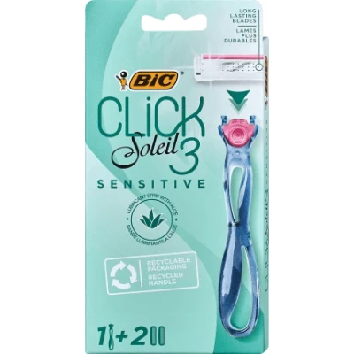 Abbildung von BIC Click 3 Soleil Sensitive Rasierer Damen, Nassrasierer mit 2 Wechselklingen je Klingen, Aloe Vera &amp; Vitamin E, aus recyceltem Material, Stück