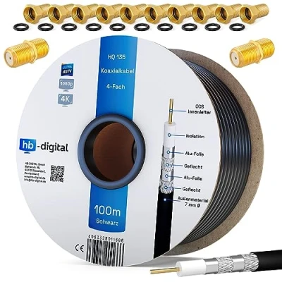 Abbildung von HB DIGITAL 100m Koaxialkabel SAT HQ135 PRO inkl. 2x F Verbinder + 10x Stecker vergoldet GRATIS dazu Satellit Antennenkabel 4 Fach geschirmt für DVB S/S2 C/C2 T/T2 DAB+Radio BK Anlagen