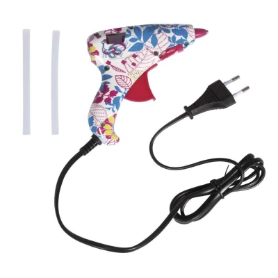 Abbildung von Rayher 30215000 Mini Heißklebepistole, 12 x cm, Kunststoff, cooles Design Flower Power, herausklappbarer Standfuß, inklusiv 2 Klebesticks