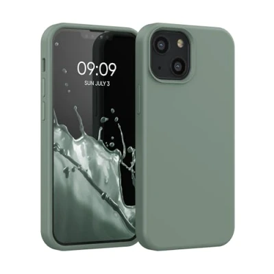 Abbildung von kwmobile Hülle kompatibel mit Apple iPhone 13 Mini Silikon Handy Case Handyhülle weiche Oberfläche kabelloses Laden Rainwashed Grün