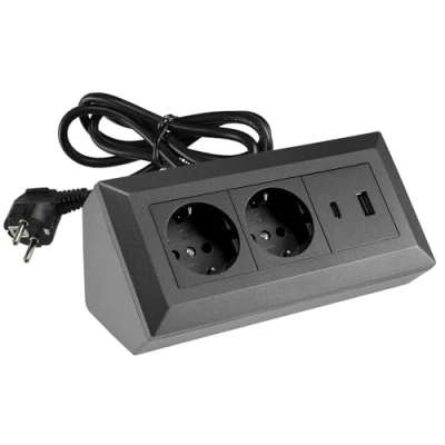 Abbildung von ChiliTec Steckdosenblock Ecksteckdose 2 Fach Schutzkontaktsteckdose USB A C PD mit 1,5m Kabel Aufbau Unterbau Montage Anthrazit