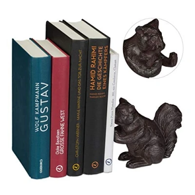 Abbildung von Relaxdays Buchstütze Tier, Eichhörnchen, Für Bücher, CDs, DVDs, Gusseisen, gegen Umkippen, Deko Buchhalter robust, braun