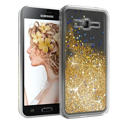 Abbildung von EAZY CASE Hülle kompatibel mit Samsung Galaxy J3 (2016) Schutzhülle Flüssig Glitzer, Handyhülle, Schutzhülle, Back Cover Glitter Flüssigkeit, aus TPU/Silikon, Transparent/Durchsichtig, Gold