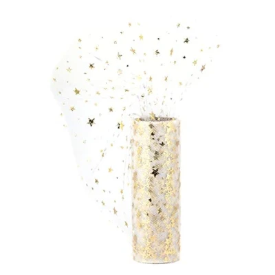 Abbildung von Creativery Stoff, Tüll Stoff Rolle 9m x 15cm Sterne, weiß / gold