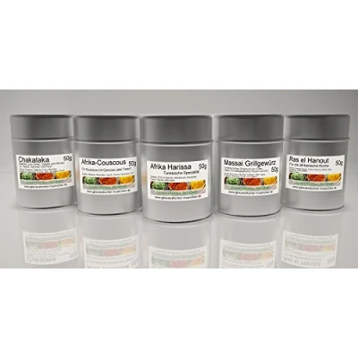 Abbildung von 5 Dosen Afrika Gewürze Geschenk Set 1, Ras el Hanout, Chakalaka, Couscous, Harissa, Massai Grillgewürz
