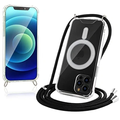 Abbildung von JProtect Magnetische Handykette für iPhone 12/12 Pro Magsafe Hülle/iPhone 12 Hülle mit Band zum Umhängen Schwarz Kordel/Kette Handyhülle Magnet