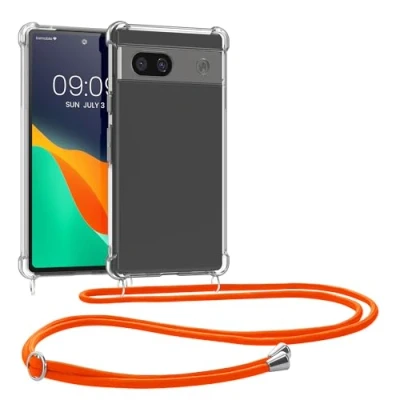 Abbildung von kwmobile Necklace Case kompatibel mit Google Pixel 8a Hülle Silikon Cover Handykette Band Handyhülle Transparent Neon Orange