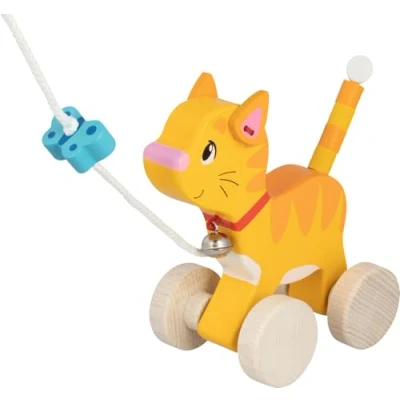 Abbildung von goki 54896 Ziehtier Katze aus Holz, Nachzieh Spielzeug mit Tiermotiv, Lernspielzeug inklusive Schnur, Babyspielzeug fördert Koordination und Motorik der Kleinkinder, 14cm x 8cm 15cm, ab 1 Jahr