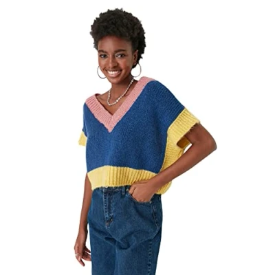 Abbildung von TRENDYOL Damen Crew Neck Patterned Regular Vest Sweater, Marineblau, M EU