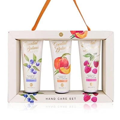 Abbildung von accentra Handpflegeset ESSENTIAL BOTANICS FRUITS in Geschenkbox, 3x 60ml Hand &amp; Nagelcreme den Duftvarianten Himbeere, Pfirsich und Blaubeere