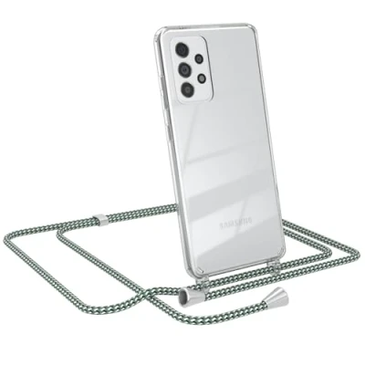 Abbildung von EAZY CASE Kette Schutzhülle kompatibel mit Samsung Galaxy A52 / 5G, Stoßfest Fallschutz Bumper Schutzhülle, Handy Straps, Handykette abnehmbar, Hell Grün Camouflage Clips Silber