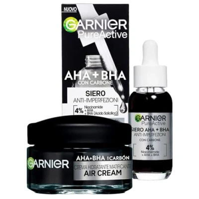 Abbildung von Garnier Air Cream AHA BHA Mattierende Feuchtigkeitsspendende Gesichtscreme mit Aktivkohle 50ml + PureActive Anti Imperfection Serum Niacinamid Pickel Mitesser Behandlung 30ml