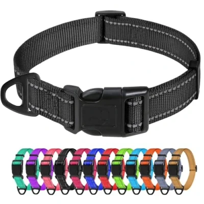 Abbildung von TagME Nylon Hundehalsband, Verstellbares Reflektierendes Hundehalsband mit Sicherheitsschnalle für Kleiner Hund, Schwarz, 2.0cm Breite