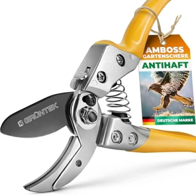 Abbildung von GRÜNTEK Amboss Gartenschere BUSSARD, 200 mm, Teflon Beschichtete 50 mm SK5 Klinge, sehr leichtgängiger Schnitt, ergonomische Griff Form, Stoßdämpfer, hoher Komfort, bequeme Ast Blumen Ambosschere