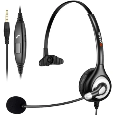 Abbildung von Arama Headset Handy mit Mikrofon Noise Cancelling &amp; Lautstärkeregler, 3,5mm Klinke Telefon für FritzFon C6 C5 iPhone Samsung Tablet Computer Anrufe Online Business Konferenzen Teams Meetings