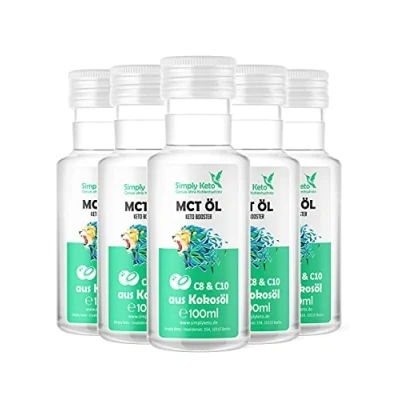 Abbildung von Simply Keto MCT Öl (5x100ml) Booster aus 100% Kokosöl 70% Caprylsäure C8 und 30% Caprinsäure C10 Vegan &amp; Palmölfrei Optimal für ketogene Ernährung Bulletproof Coffee 5x100ml