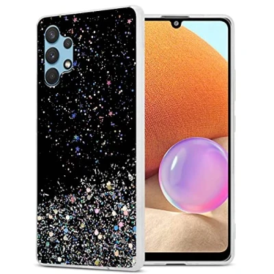 Abbildung von Cadorabo Hülle kompatibel mit Samsung Galaxy A32 4G Rundumschutz TPU Silikon Case Mädchen Glitzer Strass Design Slim Kratzfest Weiche Gummi Bling Schutzhülle für in Schwarz