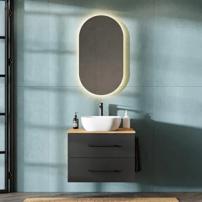 Abbildung von Planetmöbel LUX Badmöbel Set Waschbecken mit Unterschrank 70 cm, Aufsatz 42 cm weiß, Spiegel 50 (ohne LED), Waschbeckenunterschrank Gold Eiche/Anthrazit
