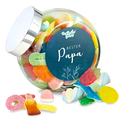 Abbildung von Bester Papa Süßigkeitenglas bunter Süßigkeiten Mix im hochwertigen Glas, tolles Geschenk für zum Vatertag oder Geburtstag