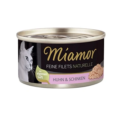 Abbildung von MIAMOR Feine Filets Naturelle Nassfutter für ausgewachsene Katzen mit Filetstückchen im eigenen Saft. Fettarmes Ergänzungsfutter in der Dose ohne künstliche Zusätze 24x80g Huhn &amp; Schinken