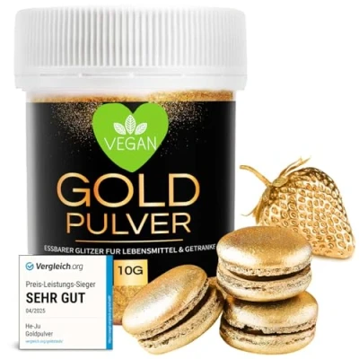 Abbildung von He Ju Goldpulver essbar 10g, vegan und ohne E171, Lebensmittelfarbe Gold, essbares Glitzer für Getränke Lebensmittel