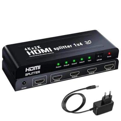 Abbildung von Ozvavzk 4K HDMI Splitter 1 in 4 Out Gleichzeitig Monitore Mirror Verteiler unterstützt UHD HDCP1.4 3D 1080P Full HD Kompatibel mit X Box HDTV Projektoren