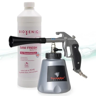 Abbildung von BIOXENIC Tornador Set: Black Z 020RS Reinigungspistole inkl. 1L Sani Fresh Flächendesinfektionslösung + Geruchsentfernung. Tiefgründige Profi Hygiene
