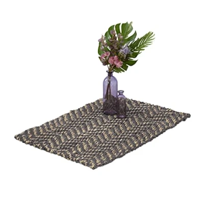 Abbildung von Relaxdays Jute Teppich, 60 x 90 cm, handgewebter Teppichläufer, Naturfasern, Läufer Flur, Wohnzimmer, Küche, grau/beige