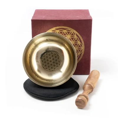 Abbildung von Gegossene Klangschale mit &#039;Blume des Lebens&#039; Gravur I für Yoga, Entspannung, Achtsamkeit, Meditation Handarbeit aus Nepal Inkl. Zubehör Geschenkbox Loktapapier (M)