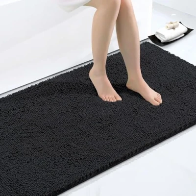 Abbildung von Homaxy rutschfeste Badematte Chenille Badezimmerteppich Mikrofaser Badteppich Saugfähige Hochflor Badvorleger 60 x 120 cm, Schwarz