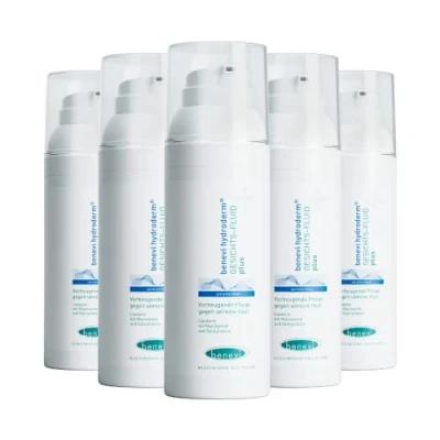 Abbildung von benevi hydroderm Gesichts Fluid plus 5 x 50 ml für unreine, zu Akne neigende Haut ohne Entzündungszeichen. Leichte, lipidarme Pflege mit Milchsäure, Salicylsäure und Nicotinamid.