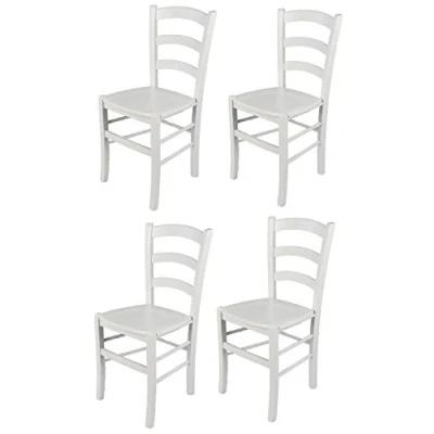 Abbildung von t m c s Tommychairs 4er Set Stühle Venezia für Küche und Esszimmer, Robuste Struktur aus lackiertem Buchenholz im Farbton Weiss (deckend) Sitzfläche Holz