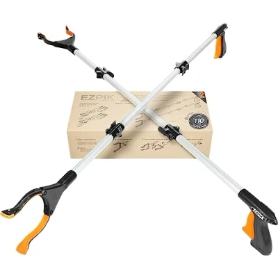 Abbildung von EZPIK 2 x 110 cm Greifer für Senioren mit Magnet Greifarm, Robuste Greifzangen Menschen Behinderungen, Drehbare Müllgreifer Zange, Gehilfe Befestigungsclip, 2er Pack, Silber